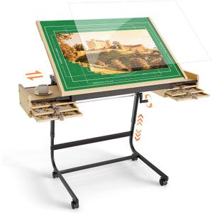 Puzzle Table with Drawers for 1500 Piece Jigsaw Puzzles Crank Handle Adjustable Tilting Puzzle Board with 2 Sliding Storage Drawer, Puzzle Tables with Legs & Wheels, 6 Trays and Cover for Adults