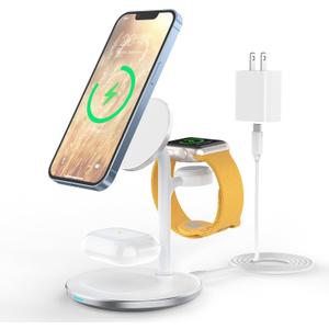 3 in 1 Wireless Charging Station for Multiple Devices, 15W Fast Wireless Mag-Safe Charger Stand for iPhone 14 13 12 Pro Max/Plus/Pro/Mini, Mag Charger for iWatch Ultra/8/7/SE/6/5/4/3/2, AirPods (White)