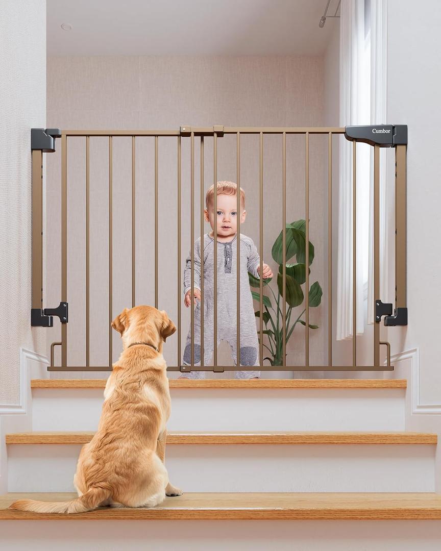 Cumbor 29.243" Baby Gate for Stairs, Wall-Mounted (Drill Required), Expandable No Bottom Bar Dog Gate, Auto Close Extra Wide Walk Thru, Pet & Toddler Proof Gate, Top & Bottom of Stairways (Brown)