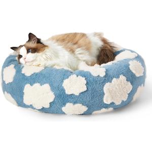 LE SURE Donut Cat Beds for Indoor Cats - Small Round Dog Bed for Calming Pets as Gift with Washable Cover, Cute Modern Puppy Beds with Jacquard Shaggy Plush & Anti Slip Bottom, 20 Inch, Blue (Cozy Clouds Blue)