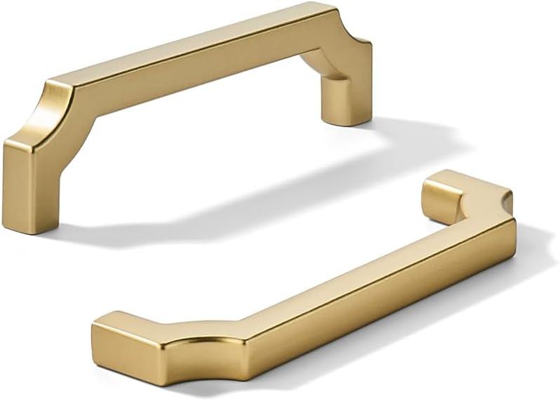 khtumeware 2-Pack 4 Inch Square Brushed Gold Cabinet Pulls, Solid Satin Gold Zinc Alloy Heavy-Duty Handles for Kitchen/Bathroom Cabinets, Drawers & Cupboards (4 Inch Center to Center)