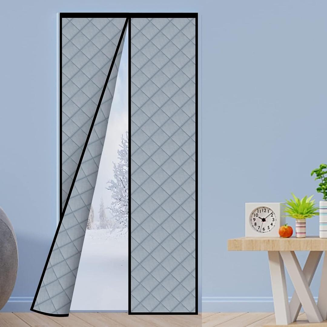 Magnetic Thermal Insulated Door Curtain Thickened, PU Material Hands Free Automatic Closing Durable Windproof Waterproof Door Screen, Fits Door Size up to 36'' x 82'', Grey