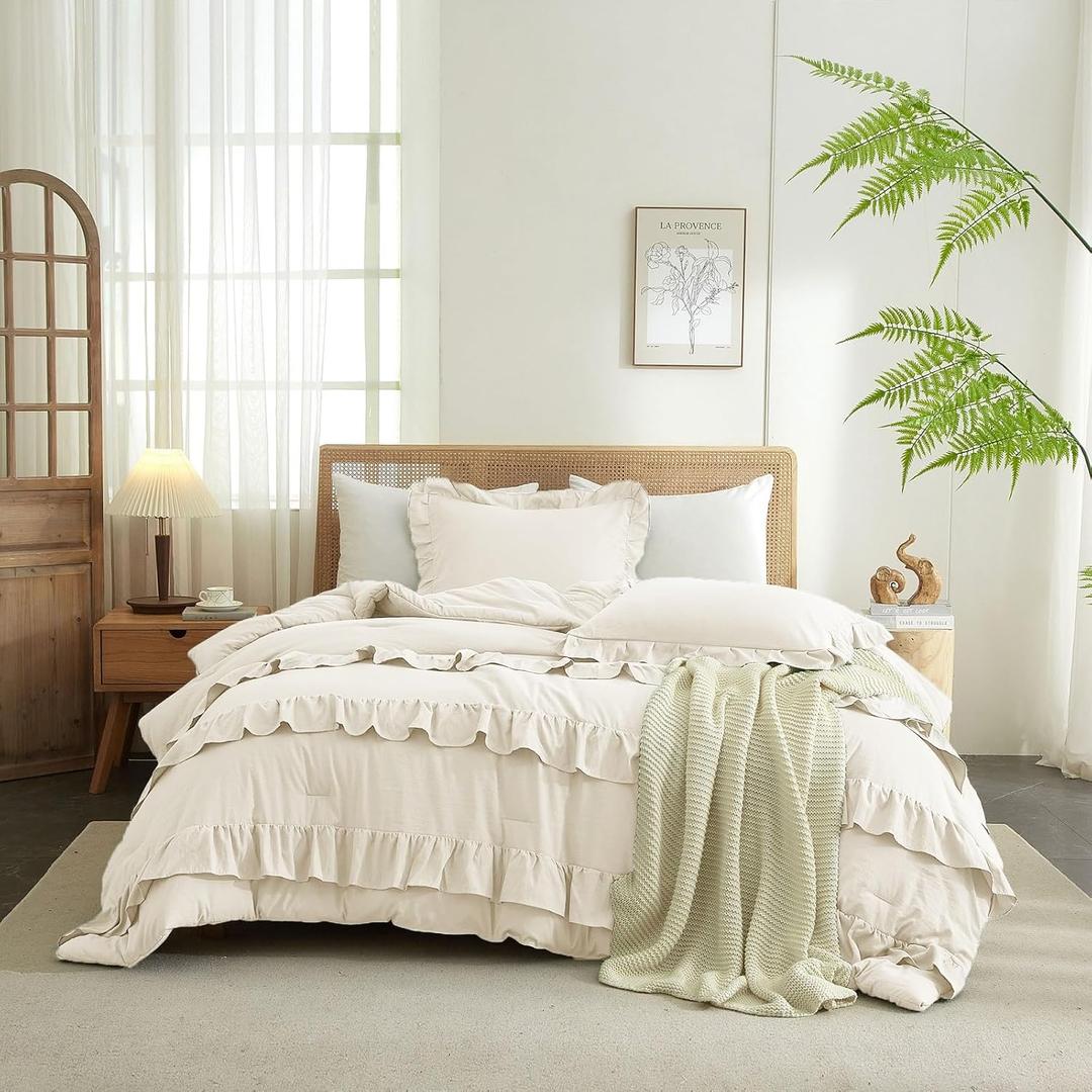 Queen Comforter Set Cream White Comforter Fluffy Soft Chic Ruffle Bedding Comforter Queen 1 Ruffled Ivory Comforter with 2 Pillowcases Farmhouse Boho Bedding Comforter Vintage Ruffle Comforter Set (Queen (90"x90"))