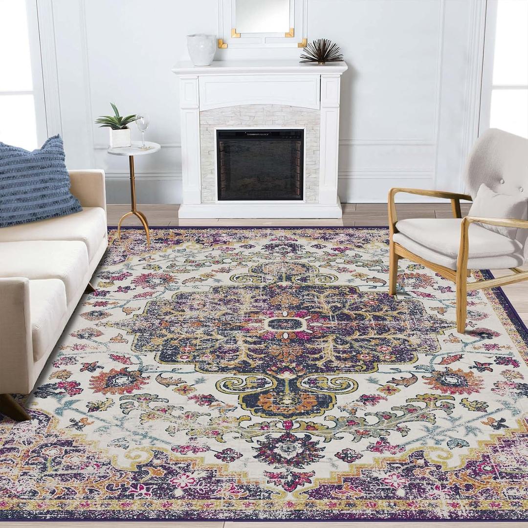 9x12 Area Rugs for Living Room Vintage Purple | Non Slip Machine Washable Rugs, Low Pile Lightweight Large Rug for Bedroom, Dining Room, Home Office