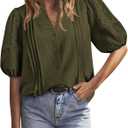BTFBM Women's Lace Puff Sleeve Tops 2025 Summer V Neck Casual Button Down Shirts Loose Dressy Work Business Blouse Top (Army Green, Small)