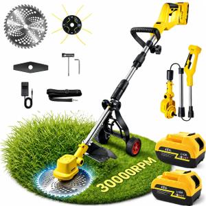 2026 New 30000 RPM Brushless Cordless Weed Wacker with Wheels, 12-Inch Battery Powered Electric Weed Eater, 4-in-1 Grass Trimmer, Brush Cutter, Stringless Weed Trimmer & Lawn Edger (1, Yellow)