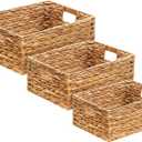 3 Pack Natural Water Hyacinth storage basket with Handle, Rectangular Wicker Basket for Organizing, Decorative Wicker Storage Basket for Living Room, 3 Mixed Sizes