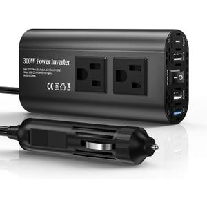 300W Power Inverter DC 12V to 110V AC Car Inverter with TypeC 30W & 3 USB-A interfaces, Dual AC Adapter for Laptops Charger