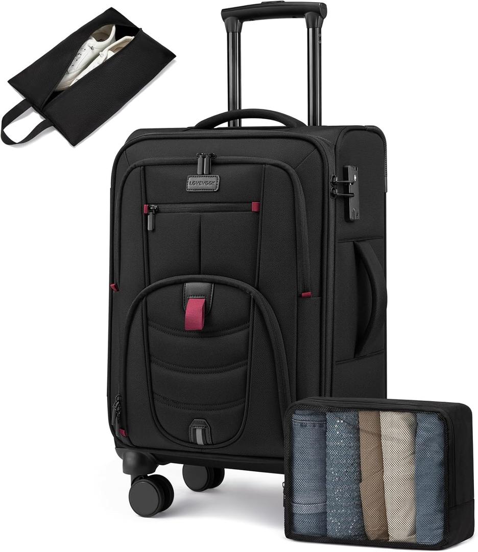 Carry On Luggage 22x14x9 Airline Approved, 22-Inch Suitcases with Spinner Wheels, Softside Carry-on Luggage with TSA Lock for Men Women Business Trip, Lightweight Large Capacity Luggage for Travel (Black)