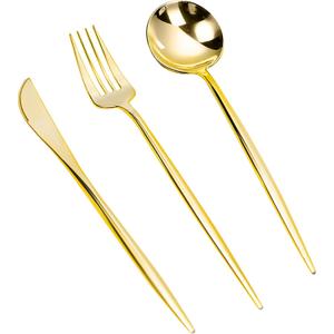 LULLABY 300PCS Gold Plastic Silverware, Heavy Duty Disposable Utensils, Gold Plastic Cutlery Set Include 100 Forks, 100 Spoons, 100 Knives, Perfect Flatware for Party Wedding and Daily Use