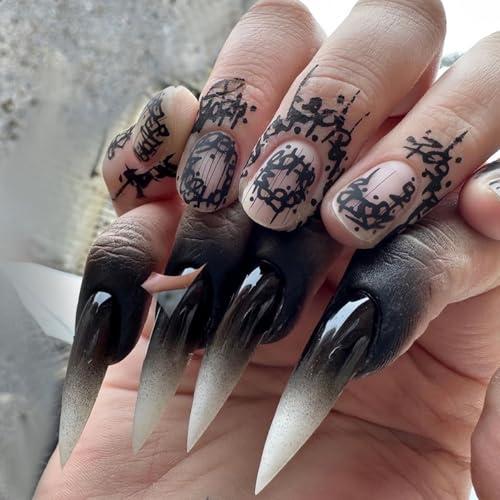 48Pcs Long Stiletto Press on Nails & Short Fake Nails Halloween Glue on Nails Gradient Black Acrylic Nails Glossy False Nails with Designs Full Cover Artificial Nails Reusable Halloween Stick on Nails
