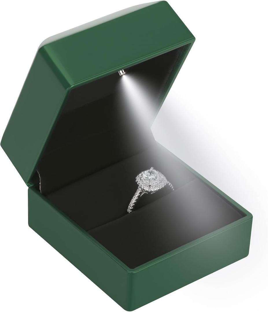 LED Ring Earring Box for Proposal, Wedding, Engagement Luxury Jewelry Gift Box with LED Light, Jewelry Display Box (Green)
