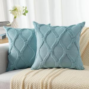 decorUhome Spring Throw Pillow Covers 18x18 Inch Set of 2, Soft Plush Faux Fur Wool Aqua Accent Couch Pillow Covers for Modern Farmhouse Bed Sofa Living Room