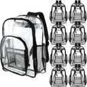 Sanwuta 8 Pcs 17 Inch Clear Backpack Bulk for Students, Heavy Duty PVC Transparent Backpack Stadium Approved Bookbag (Black)