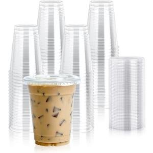 Lilymicky 100 Sets 12 oz Clear Plastic Cups with Flat Lids, 12 oz Disposable Drinking Cups With Lids for Ice Coffee, Smoothie, Slurpee, or Any Cold Drinks