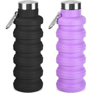 Collapsible Water Bottle, 16oz Portable Reusable Silicone Water Bottle, BPA-Free Leak-Proof Foldable Design with Carabiner, Lightweight Durable for Gym, Travel, Camping, Hiking, Sports(Black+ Purple)
