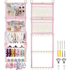Headband Holder, 17x50in Bow Holder for Girls Hair Bows W/ 2 Mesh Pockets & 24 Metal Hooks, Baby Headband Bow Organizer, Wall Hanging Hair Accessories Storage for Toddler Room Nursery Decor(Pink)