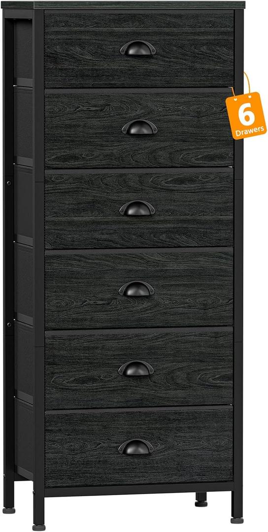Furnulem Tall Dresser with 6 Drawers,Vertical Bedside End Table & Chest for Bedroom,Black Storage Tower Dorm Nightstand with Fabric Drawer Organizer Unit Furniture in Living Room,Closet,Hallyway (11.5"D x 16"W x 43"H (6 Drawers), Black Oak)