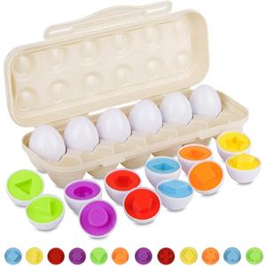 Hhyn Matching Eggs Set with Beige Eggs Holder, Upgraded Toddler Egg Toys Learning Shapes and Colors Educational Puzzle Sorting Games Improve Motor Skills for Kids Easter Gift, 12 Eggs