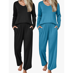 Ekouaer 2 Pack：Womens Ribbed Knit Pajama Set with Pockets Long Sleeve PJs V Neck Soft Loungewear Loose Matching Outfits Set Black and Lake Blue Small, Black and Lake Blue 