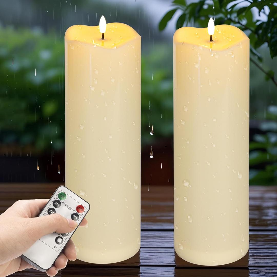 2-pack 4"*12" Large Waterproof LED Battery Operated Candles with Remote, Flickering Pillar Electric Flameless Candles for Christmas, Outdoor Lanterns, Ivory