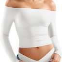 YEOREO Ease Women Off Shoulder Long Sleeve Shirts Double Lined Basic Undershirt Y2K Going Out Tops White-M