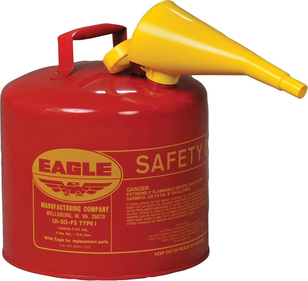 Eagle 5 Gallon Type I Red Safety Gas Can for Gasoline with Flame Arrester, Self-Closing Lid, and F-15 Funnel, Made in the USA, Galvanized Steel Flammable Storage Can, UI50FS
