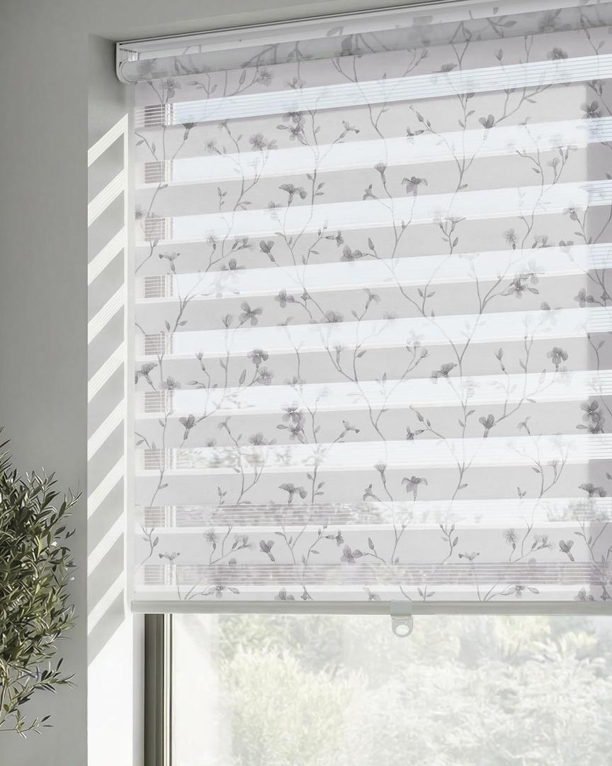 LazBlinds Cordless Zebra Blinds for Windows, Patterned Dual Layer Free-Stop Roller Shades for Ultimate Privacy & Light Control, Elegant Window Blinds & Shades, Grey Bloom, 33" W x 72" H