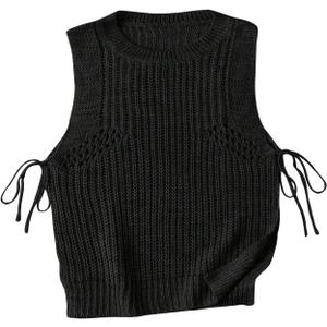 MakeMeChic Women's Sleeveless Round Neck Drawstring Side Split Hem Knited Casual Sweater Vest (Large, Black)
