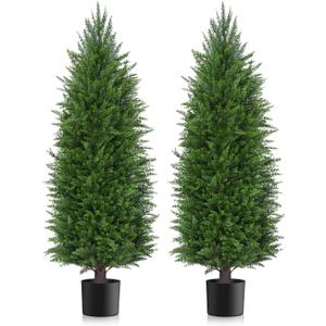 4FT Artificial Topiary Cedar Plants Outdoor, Faux Pine Trees UV Resistant and Potted, 48 Inch Tall Fake Shrubs Evergreen for Front Porch Decor Set of 2