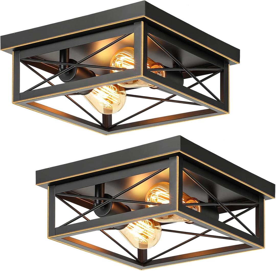 Brushed Gold Hallway Light Fixtures Ceiling, 2-Light Farmhouse Industrial Flush Mount Ceiling Lights, 2-Pack Metal Kitchen Light Fixtures, Close to Ceiling Lights for Bedroom Living Room Entryway