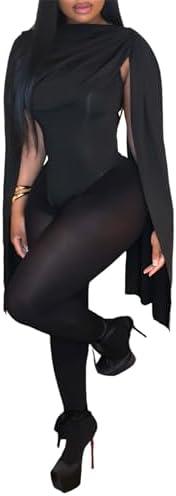 Women's Sexy 2 Piece Outfits Ruched Crowl Neck Cape Sleeve Thong Bodysuit Top Sheer Stockings Club Jumpsuits L