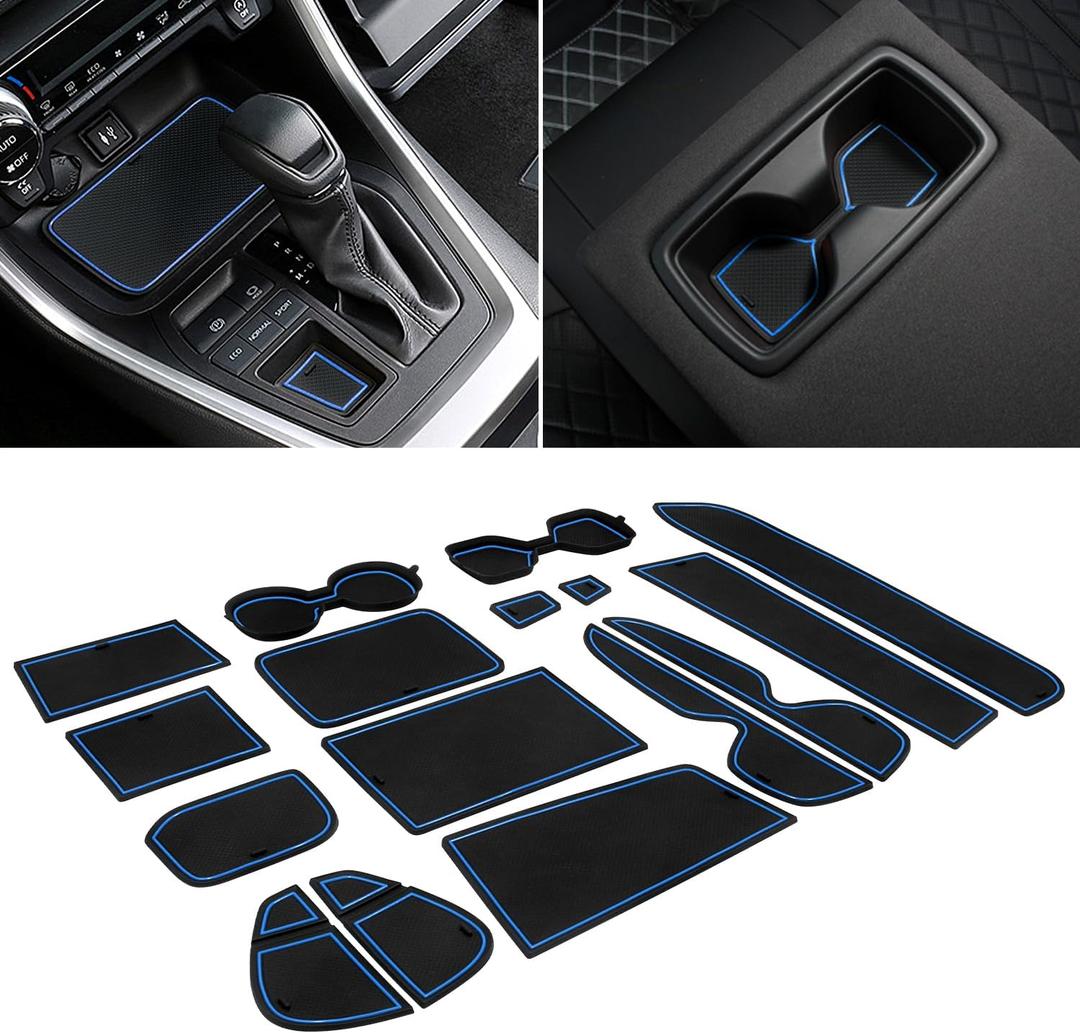 for Toyota RAV4 Accessories 2025 2024 2023 2022 2021 2020 2019 and 2021-2025 RAV4 Prime Custom Fit Cup Holder Center Console and Door Pockets Mat Pad (17Pcs Set, Blue Trim)