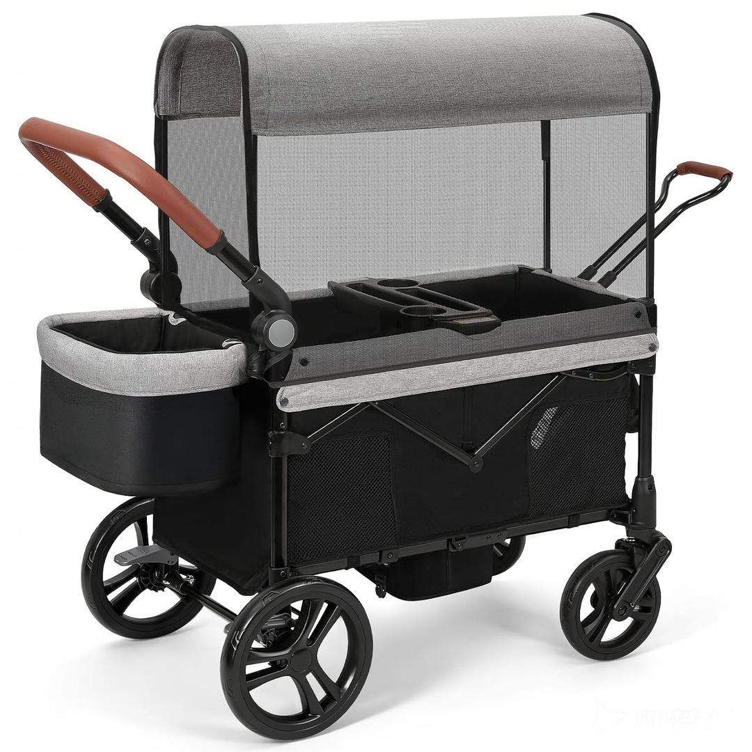 ELEMARA All-Terrain Stroller Wagon for 2 Kids, Foldable Kids Wagon Stroller Includes Removable Canopy,Mosquito net, Adjustable PushPull Handle,Snack Tray & Cup Holders, Storage Basket, Grey+Black