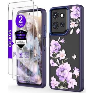 DagoRoo for Motorola Moto G Power 5G 2025 Case+Tempered Glass Screen Protector, Military Grade Protective Slim Soft TPU+Hard PC,Girls Women Crystal Clear Flower Pattern Case Cover (Deep Purple)