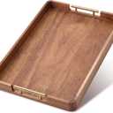 Domensi 22 x 16 Inch Large Acacia Wood Serving Tray with Handles, Rectangular Decorative Ottoman Tray for Coffee Table Kitchen Food Drinks Breakfast in Bed Server Home Decor