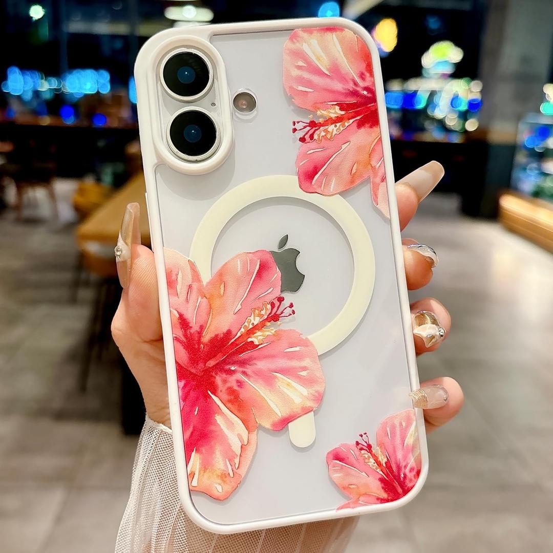 Magnetic for iPhone 17 Case [Compatible with MagSafe] Cute Trendy Hibiscus Flower Pattern Design for Summer Hawaiian, Translucent Shockproof Protective Case for Girls Women-White