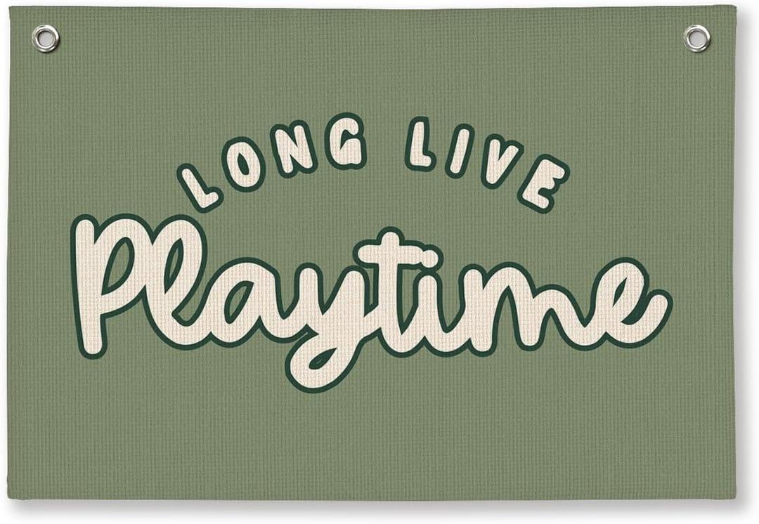 Playroom Decor for Boy, Long Live Playtime Wall Hanging Linen Banner, Blue Striped Wall Flag for Kids Room Nursery Playroom Decor, 20x30 Inch-Green