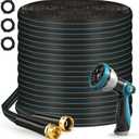 Halfjuly Garden Hose 100FT, Flat Non-Expandable Lightweight Water Hose, Durable Flexible Heavy Duty No Kink Design with 3/4" Fittings, 10 Way Spray Nozzle for Outdoor Yard Lawn