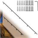 16Ft Industrial Metal Stairs Handrail Kit, Sturdy Wall Mount Aluminum Hand Rail, Indoor Outdoor Stair Railing Wood Concrete Brick Wall,1.5 in Round Pipe Grab Bar, Matte Black-16FT