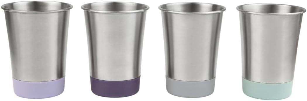 Elk and Friends Stainless Steel Kids + Toddler Drinking Cups | 12oz Tumblers with Colored Base | Durable + Stackable | Travel, Camping + Outdoors | Dishwasher Safe | 4 Pack (Gray/Sage/Navy/MistyBlue)