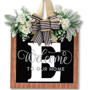 14'' Large Last Name Welcome Door Wreath for Front Door 26 Letter All Year Round Wooden Hanging Decoration for Farmhouse Home Outdoor and Indoor Decor