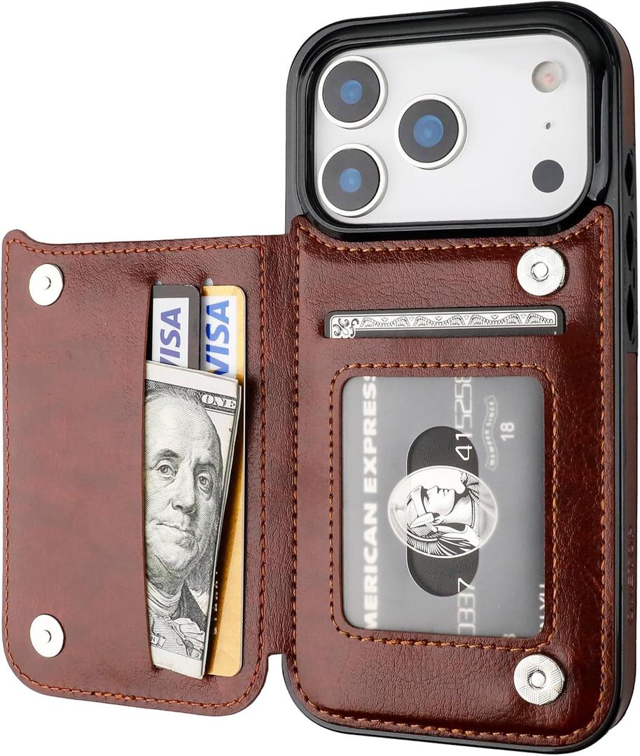 ONETOP Compatible with iPhone 17 Pro Wallet Case with Card Holder, PU Leather Kickstand Card Slots Case, Double Magnetic Clasp and Durable Shockproof Cover 6.3 Inch (Brown)
