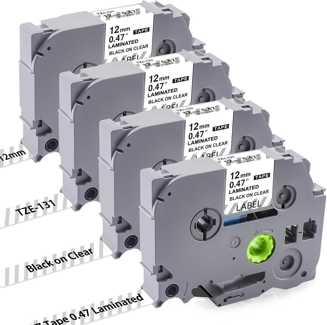 4PK Tz Tape 12mm 0.47 Laminated Clear TZe-131 TZe131 Compatible for Brother Label Maker Tape 12mm 0.47 Clear TZ-131 1/2 inch x 26.2 ft, for P Touch PTD210 PTD200 PT-D220 PTH100 PTH110 (Black on Clear)