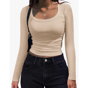 Zeagoo Women's Long Sleeve Scoop Neck Shirts Casual Slim Fit Rib Knit Tops Summer Fall Basic Business Work Tee XS