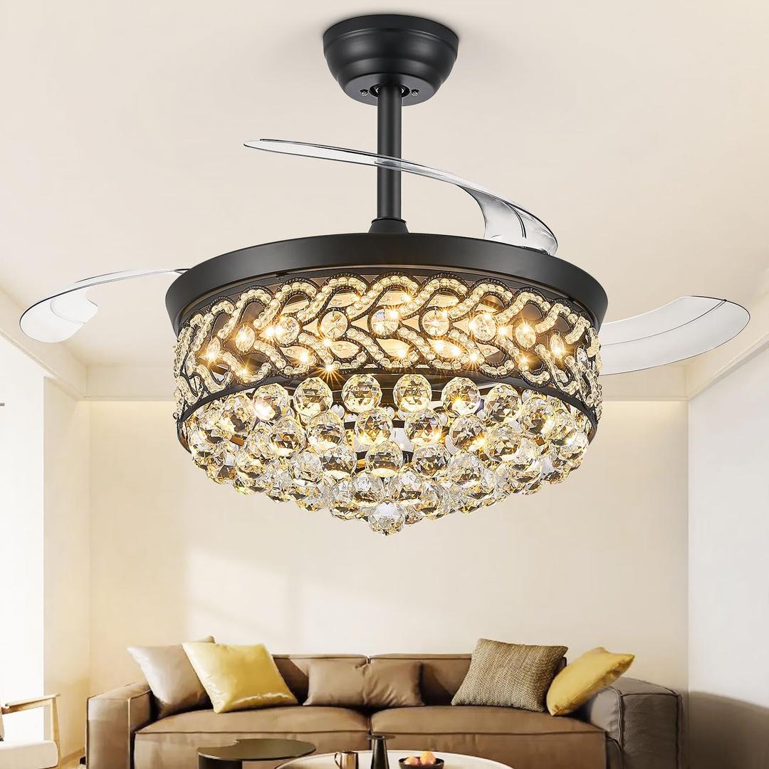 TXCSLY Crystal Fandelier Ceiling Fan with Light, 48" Retractable Ceiling Fans Chandelier Fan with Retractable Blades Dimmable Crystal Ceiling Fan Chandelier Fans for Bedroom Living Room etc-Black