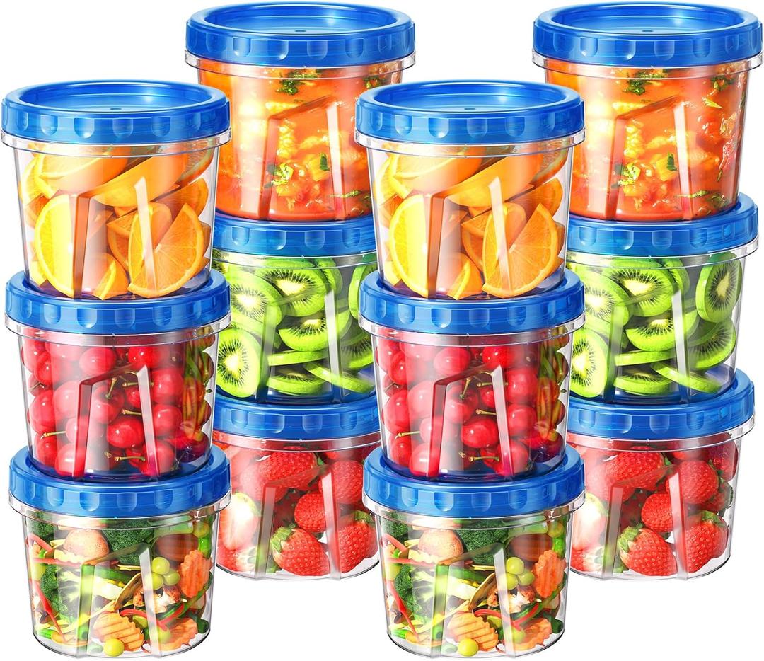 BiuLeon 12 Pack-24 oz Freezer Storage Containers, Plastic Food Storage Containers with Twist Top Lids, BPA Free and Reusable Soup Containers with Lids, Leakproof/Microwave/Dishwasher Safe