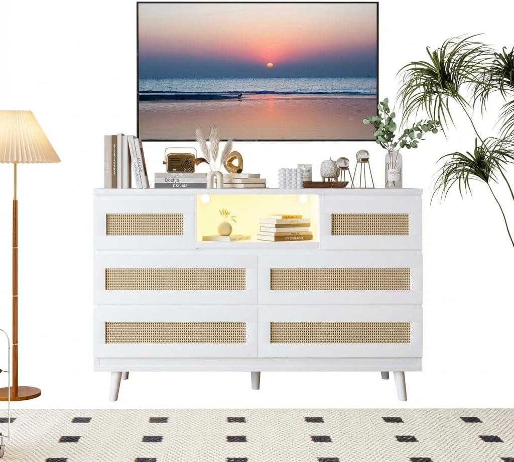 Hetoy Rattan Drawers,LED Rattan 6-Drawer Dresser with Power Outlets,47" Wide Modern Wooden Chest of Drawers with Charging Station, Multi-Function TV Stand & Storage Cabinet for Bedroom, Living Room