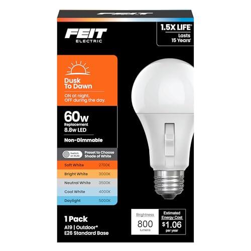 Feit Electric LED Dusk-to-Dawn Light Bulb, A19 60W Equivalent, 5CCT, Non-Dimmable, E26 Medium Base, 90 CRI, 800 Lumens, Adjustable White, 13 Years Lifetime, OM60/5CCTCA/DD/LEDI