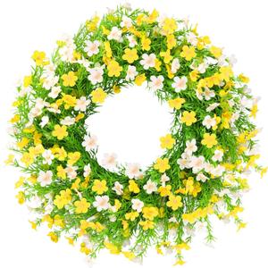 24 Inch White Yellow Artificial Forsythia Silk Front Door Wreath | Elegant White Yellow Silk Flower Summer Wreath, Decor for Wall, Farmhouse Indoor & Outdoor Home Decoration